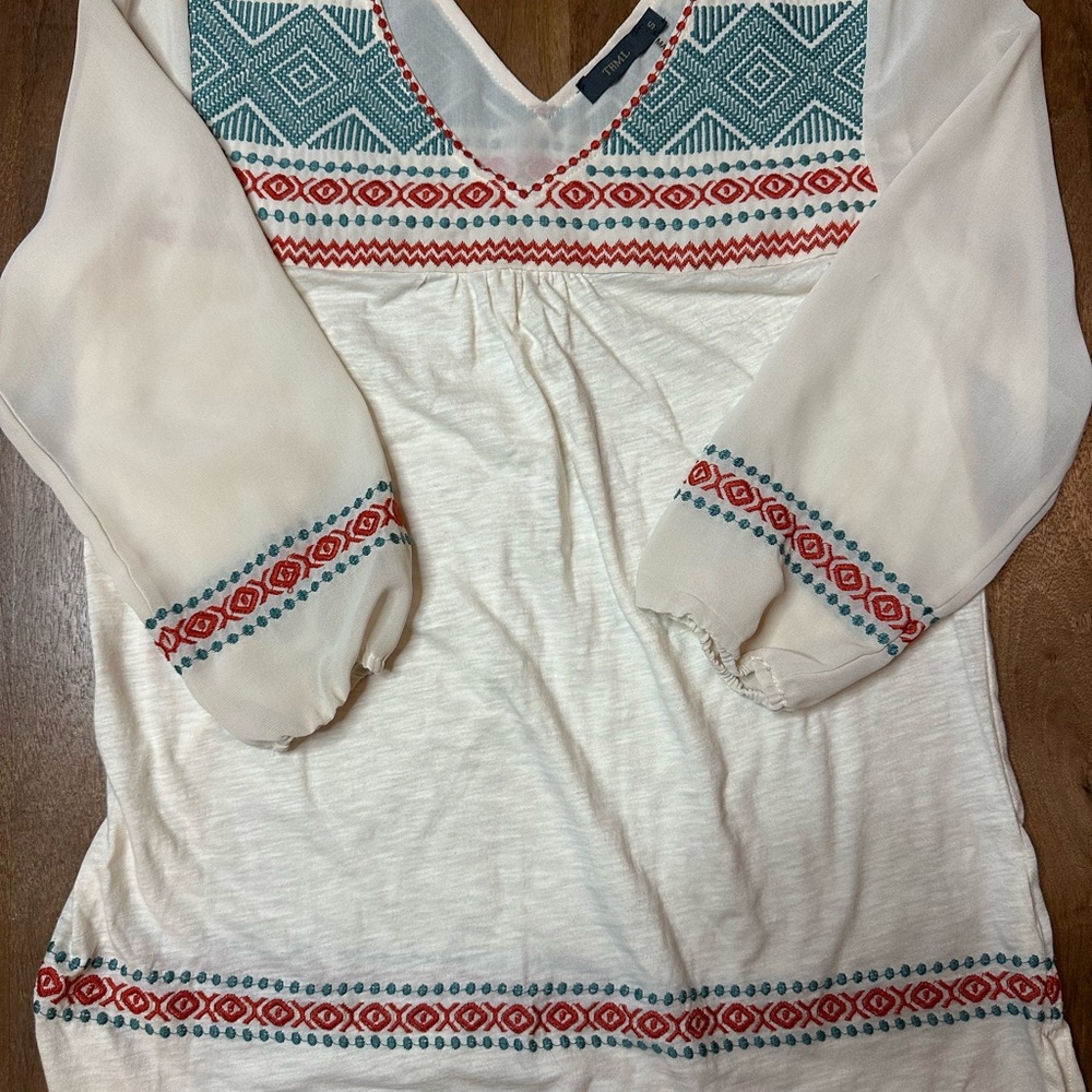 THML Ivory V-Neck Boho Tunic with Teal & Red Embroidery